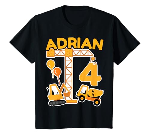 4. Geburtstag Vorname Adrian Bagger Deko Geschenk Jungen T-Shirt von Personalisierte Geschenke zum Geburtstag Adrian
