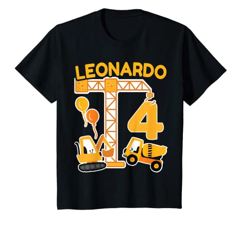 Kinder 4. Geburtstag Vorname Leonardo Bagger Deko Geschenk Jungen T-Shirt von Personalisierte Geschenke zum Geburtstag Leonardo