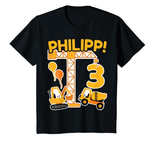 Kinder 3. Geburtstag Vorname Philipp Bagger Deko Geschenk Jungen T-Shirt von Personalisierte Geschenke zum Geburtstag Philipp