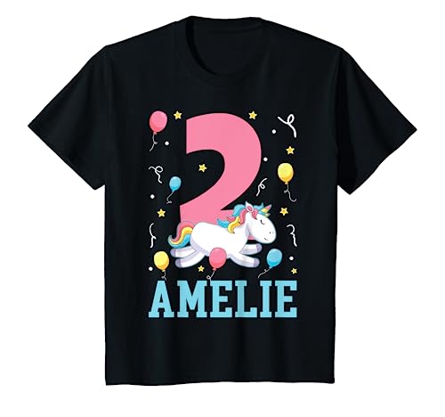 Kinder Amelie Mädchen Einhorn Ich bin 2 Jahre alt 2. Geburtstag T-Shirt von Personalisierte Name Geburtstagsgeschenk für Mädch
