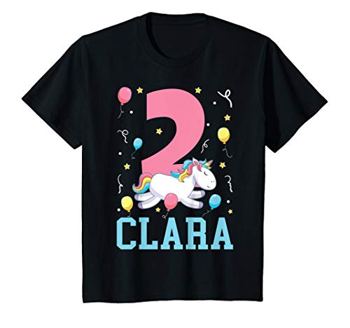 Kinder Clara Mädchen Einhorn Ich bin 2 Jahre alt 2. Geburtstag T-Shirt von Personalisierte Name Geburtstagsgeschenk für Mädch