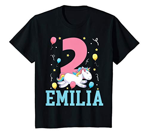 Kinder Emilia Mädchen Einhorn Ich bin 2 Jahre alt 2. Geburtstag T-Shirt von Personalisierte Name Geburtstagsgeschenk für Mädch