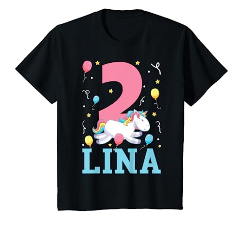 Kinder Lina Mädchen Einhorn Ich bin 2 Jahre alt 2. Geburtstag T-Shirt von Personalisierte Name Geburtstagsgeschenk für Mädch