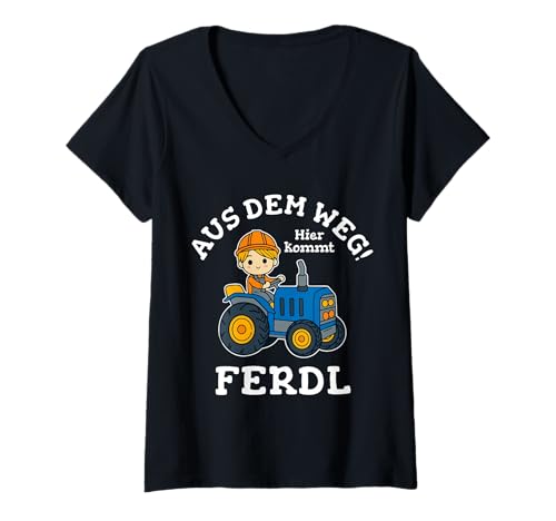 Damen Ferdl Name Vorname Traktor Motiv Aus dem Weg Hier Kommt T-Shirt mit V-Ausschnitt von Personalisierte Namenstag Geschenke Traktorfans