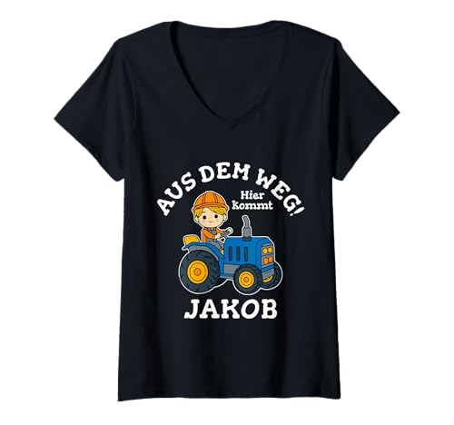Damen Jakob Name Vorname Traktor Motiv Aus dem Weg Hier Kommt T-Shirt mit V-Ausschnitt von Personalisierte Namenstag Geschenke Traktorfans