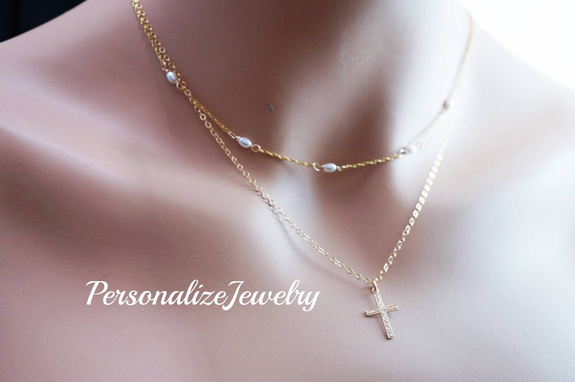 14K Gold Filled Kreuz Doppelschicht Halskette | Zarte Zwei-Schicht-Schmuck Religiöses Heiliges Kommuniongeschenk Anhänger Kostenloser Versand von PersonalizeJewelry