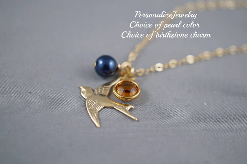 Benutzerdefinierte Geburtsstein Halskette | 14K Gold Filled Schwalbenvogel Anhänger Graduierung & Alltägliches Geschenk Für Frauen von PersonalizeJewelry