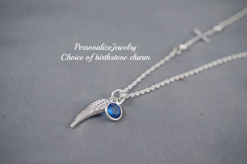Gedenk-Halskette Aus Sterling Silber | Engelflügel, Geburtsstein-Anhänger & Seitliches Kreuz Trauer Geschenk Für Den Verlust Eines Geliebten von PersonalizeJewelry