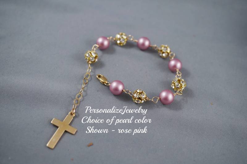 Rosenkranz Armband | Swarovskiperlen & Strasskugel Gold Kreuz Anhänger Religiöses Gebetsarmband Spirituelles Geschenk Konfirmation von PersonalizeJewelry