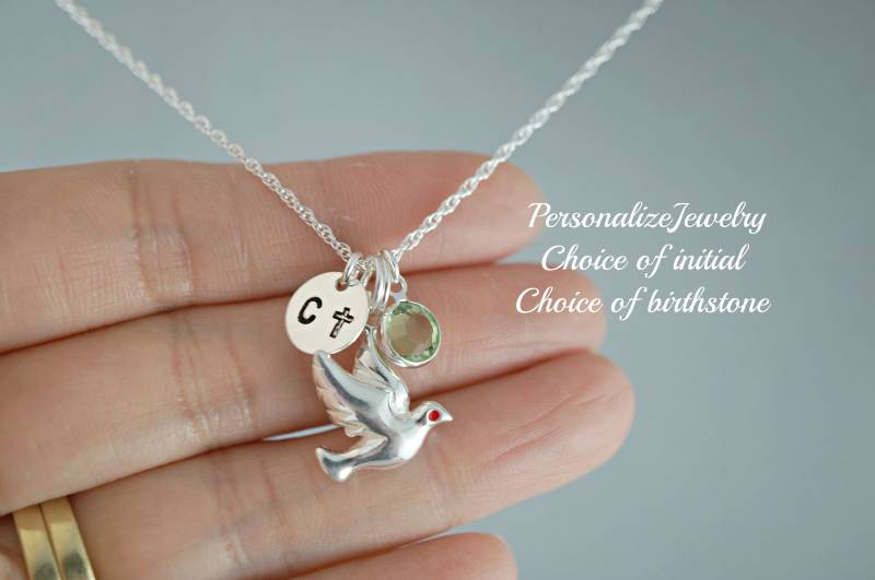 Taube Charm Halskette | Sterling Silber Schmuck Initial Cross & Swarovski Birthstone Anhänger Bestätigung Religiöse Und Spirituelle Andenken von PersonalizeJewelry