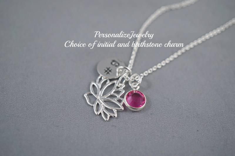 sterling Silber Lotus Halskette Mit Initial Charm | Einfache Yoga & Blumen Schmuck Zartes Geschenk Für Sie, Jeden Tag Tragen Geburtsstein Initiale von PersonalizeJewelry