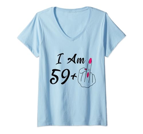 Damen Personalisierte I Am 59 Plus 1 Mittelfinger Humor 60th Women T-Shirt mit V-Ausschnitt von Personalized I Am 59 Plus 1 Middle Finger 60th Old