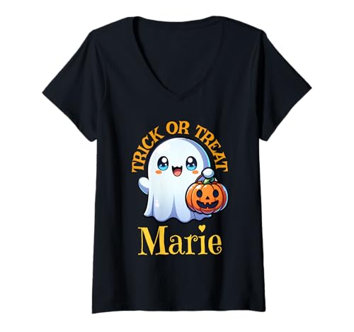 Damen Marie Personalisierter Name Cute Ghost Halloween T-Shirt mit V-Ausschnitt Damen Marie Personalisierter Name Cute Ghost Halloween T-Shirt mit V-Ausschnitt von Personalized Name Apparel