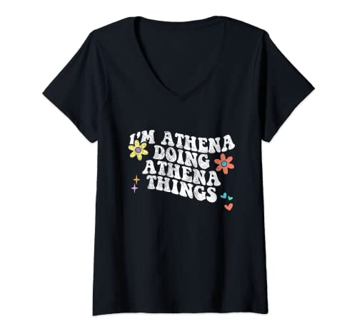 Damen Retro Groovy, ich bin ATHENA, mache ATHENA Things Funny, Muttertag T-Shirt mit V-Ausschnitt von Personalized Name Mothers Day outfit For Women