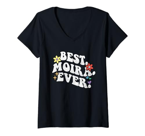 Damen Retro Groovy Best Moira Ever Vorname Muttertag Mädchen T-Shirt mit V-Ausschnitt von Personalized Name Mothers Day outfit For Women