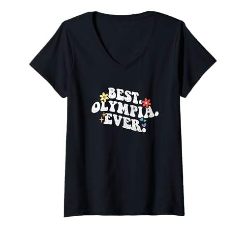 Damen Retro Groovy Best OLYMPIA Ever Vorname Muttertag Mädchen T-Shirt mit V-Ausschnitt von Personalized Name Mothers Day outfit For Women