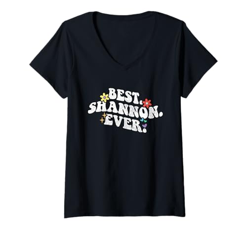 Damen Retro Groovy Best Shannon Ever Vorname Muttertag Mädchen T-Shirt mit V-Ausschnitt von Personalized Name Mothers Day outfit For Women