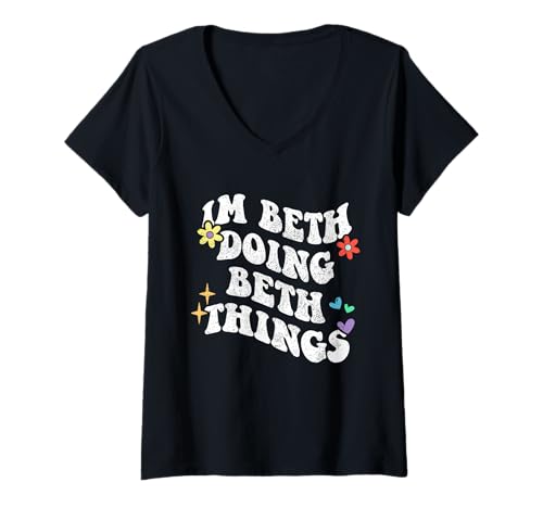 Damen Retro Groovy I'm Beth Doing Beth Things Funny Mother's Day T-Shirt mit V-Ausschnitt von Personalized Name Mothers Day outfit For Women