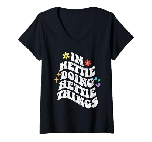 Damen Retro Groovy I'm Hettie Doing Hettie Things Funny Mother's T-Shirt mit V-Ausschnitt von Personalized Name Mothers Day outfit For Women