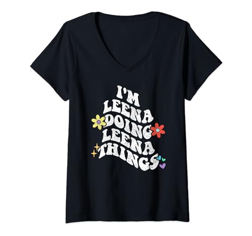 Damen Retro Groovy I'm LEENA Doing LEENA Things Funny Mother's Day T-Shirt mit V-Ausschnitt von Personalized Name Mothers Day outfit For Women