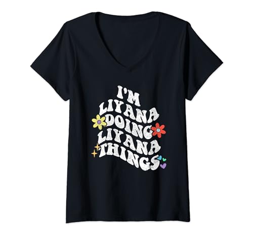 Damen Retro Groovy I'm LIYANA Doing LIYANA Things Funny Mother's T-Shirt mit V-Ausschnitt von Personalized Name Mothers Day outfit For Women