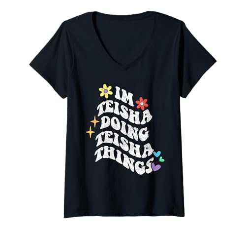 Damen Retro Groovy Im Teisha Doing Teisha Things Funny Mother T-Shirt mit V-Ausschnitt von Personalized Name Mothers Day outfit For Women
