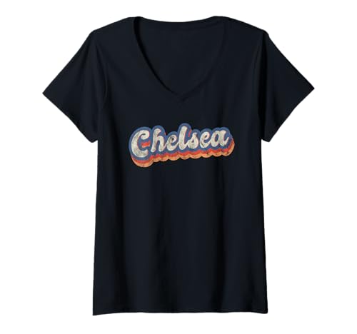 Damen Chelsea Personalisiertes Namensshirt Custom Lettering 70er Jahre T-Shirt mit V-Ausschnitt von Personalized & Custom Apparel for Chelsea