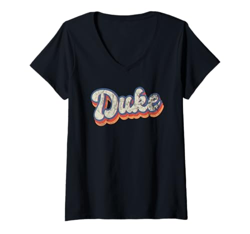 Damen Duke Personalisiertes Namensshirt Custom Lettering 70er Jahre T-Shirt mit V-Ausschnitt Damen Duke Personalisiertes Namensshirt Custom Lettering 70er Jahre T-Shirt mit V-Ausschnitt von Personalized & Custom Apparel for Duke