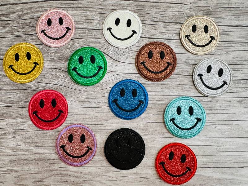 Smiley Aufbügler - Glitzersmiley Glitzer Aufbügelbar Patch Patches 5.1cm D Smily 90Er Jahre Schnelle Lieferung von Personikat