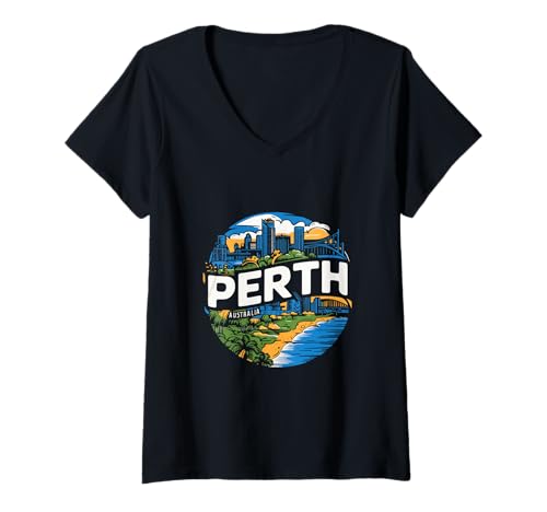 Damen Skyline von Perth Australien T-Shirt mit V-Ausschnitt Damen Skyline von Perth Australien T-Shirt mit V-Ausschnitt von Perth Australia Souvenir