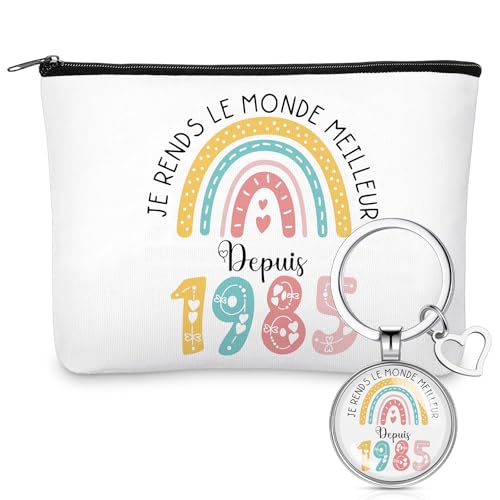 Perthlin Geburtstagsgeschenk Set für Frauen Kosmetiktasche und Schlüsselanhänger Geschenk mit Jahreszahl und Regenbogen Reise Geschenk für Mutter Großmutter Kollegin Krankenschwester (1985, 40 Jahre) von Perthlin