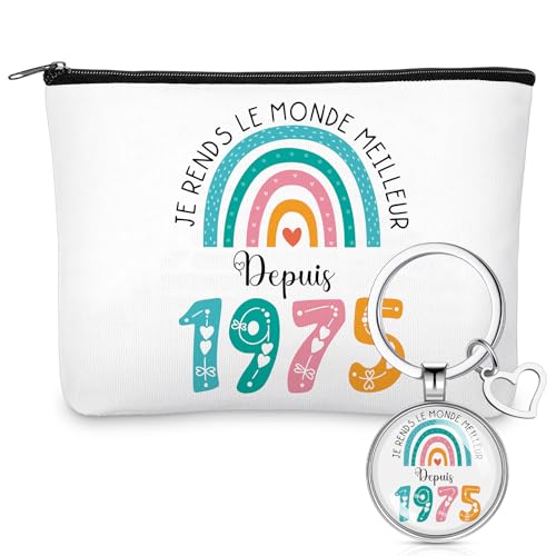 Perthlin Geburtstagsgeschenk Set für Frauen Kosmetiktasche und Schlüsselanhänger Geschenk mit Jahreszahl und Regenbogen Reise Geschenk für Mutter Großmutter Kollegin Krankenschwester (1975, 50 Jahre) von Perthlin