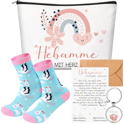 Perthlin Hebammen-Geschenkset Hebamme mit Herz Enthalten 1 Kosmetiktasche 1 Schlüsselanhänger mit Gravur 1 Paar Socken 1 Dankeskarte mit Umschlag Geschenk für Hebammen Als Dankeschön von Perthlin