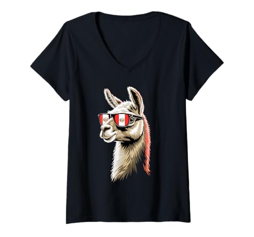 Damen Peru Alpaka Portrait Sonnenbrille Peruanische Flagge Peruanischer Stolz T-Shirt mit V-Ausschnitt von Peru Peruvian Flag Apparel For Men Women Kids