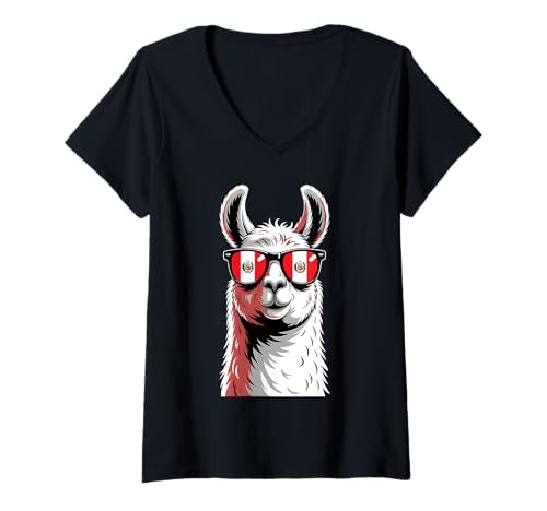 Damen Peru Alpaka Portrait Sonnenbrille Peruanische Flagge Peruanischer Stolz T-Shirt mit V-Ausschnitt Damen Peru Alpaka Portrait Sonnenbrille Peruanische Flagge Peruanischer Stolz T-Shirt mit V-Ausschnitt von Peru Peruvian Flag Apparel For Men Women Kids