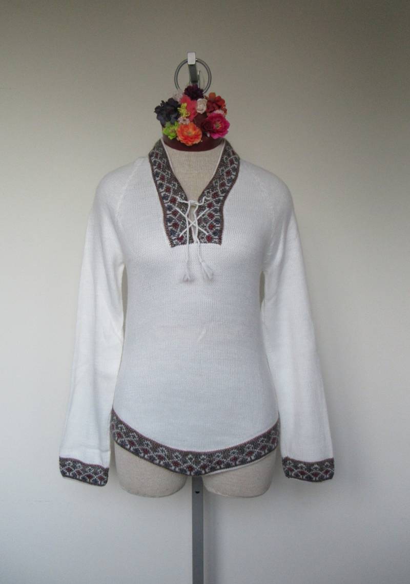 Alpaka Blend Damen Pullover Medium/Alpaka Fransenpullover/Weißer Winter von PeruBonito