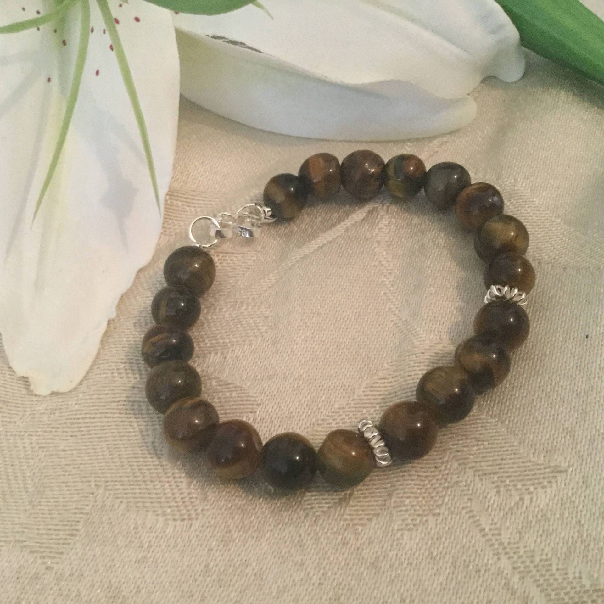 7 Mm Tigerauge Armband, Sterling Silber Armbänder Für Männer, Armband Mit Braunen Perlen, Edelstein von PeruMuchikstore