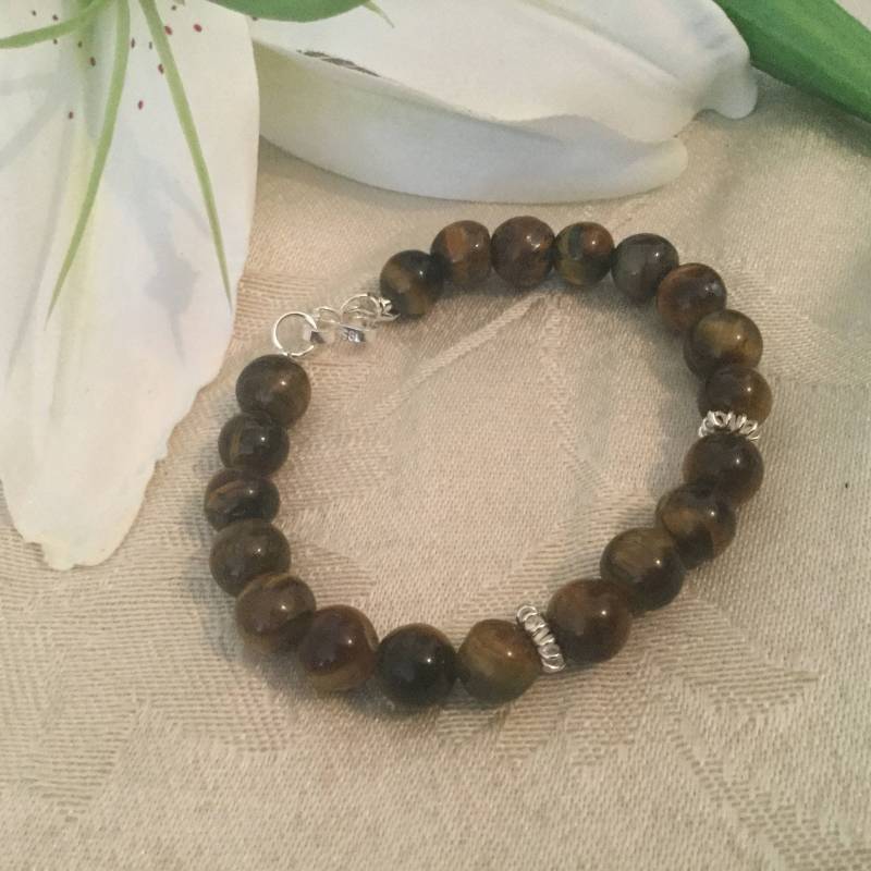 7 Mm Tigerauge Armband, Sterling Silber Armbänder Für Männer, Armband Mit Braunen Perlen, Edelstein von PeruMuchikstore