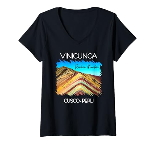 Damen Bunte Vinicunca Regenbogen Berg Peru Cusco Anden Reisen T-Shirt mit V-Ausschnitt Damen Bunte Vinicunca Regenbogen Berg Peru Cusco Anden Reisen T-Shirt mit V-Ausschnitt von Peruvian Passion T-Shirt Store
