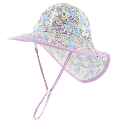 Pesaat Baby Sonnenhut Mädchen Mit UV-Schutz Sonnenmütze Baby Junge Mit Nackenschutz Sommermütze Kinder Babymütze Sommer(Floral Violet, Gr.4-8Jahren(52-56)) von Pesaat