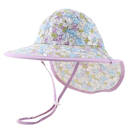 Pesaat Baby Sonnenhut Mädchen Mit UV-Schutz Sonnenmütze Baby Junge Mit Nackenschutz Sommermütze Kinder Babymütze Sommer(Floral Violet, Gr.3-12Monate(44-48)) von Pesaat