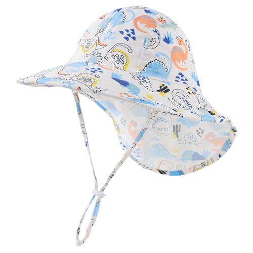 Pesaat Baby Sonnenhut Mädchen Mit UV-Schutz Sonnenmütze Baby Junge Mit Nackenschutz Sommermütze Kinder Babymütze Sommer (Dinosaurier-Himmelblau, Gr.3-12Monate(44-48)) von Pesaat