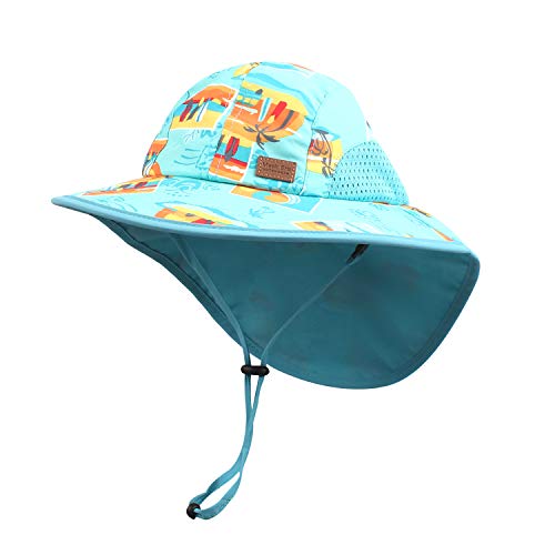 Pesaat Baby Sonnenhut Mädchen Mit UV-Schutz Sonnenmütze Baby Junge Mit Nackenschutz Sommermütze Kinder Babymütze Sommer(Strandparadies, Gr.3-12Monate(44-48)) von Pesaat