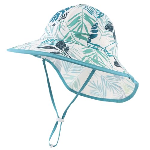 Pesaat Baby Sonnenhut Mädchen Mit UV-Schutz Sonnenmütze Baby Junge Mit Nackenschutz Sommermütze Kinder Babymütze Sommer (Tropische Blätter, Gr.4-8Jahren(52-56)) von Pesaat