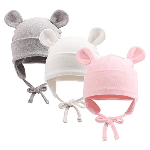 Pesaat Baumwolle Erstlingsmützen 0-12Monate Baby Mütze Neugeborene Mädchen Jungen Baby Kleidung Beanie Newborn Mütze Mit Ohren und Band,Sommer,Frühling,Winter (Weiß+Grau+Rosa, 6-12Monate) von Pesaat