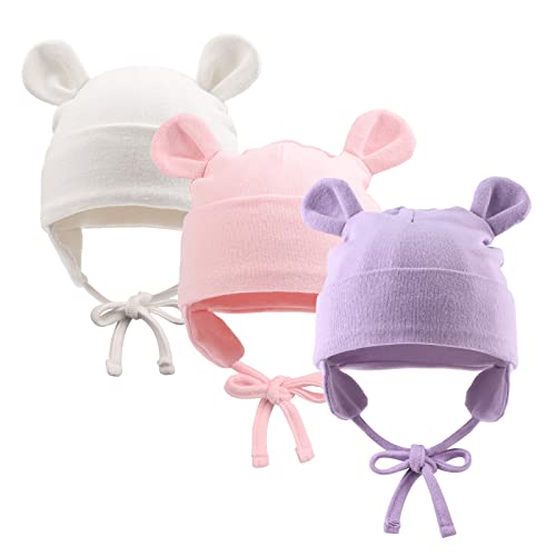 Pesaat Baumwolle Erstlingsmützen 0-6Monate Baby Mütze Neugeborene Mädchen Jungen Baby Kleidung Beanie Newborn Mütze Mit Ohren und Band,Sommer,Frühling,Winter (Weiß+Rose+Lavendel, 0-6Monate) von Pesaat