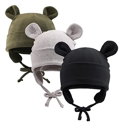 Pesaat Baumwolle Erstlingsmützen 0-12Monate Baby Mütze Neugeborene Mädchen Jungen Baby Beanie Newborn Mütze Mit Ohren und Band,Sommer,Frühling,Winter(Armeegrün++Schwarz+Grau, 0-6Monate) von Pesaat