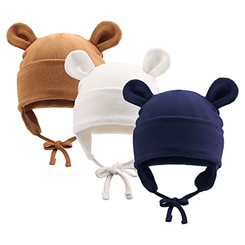 Pesaat Baumwolle Erstlingsmützen 0-12Monate Baby Mütze Neugeborene Mädchen Jungen Baby Beanie Newborn Mütze Mit Ohren und Band,Sommer,Frühling,Winter (Marine+Braun+Weiß, 0-6Monate) von Pesaat