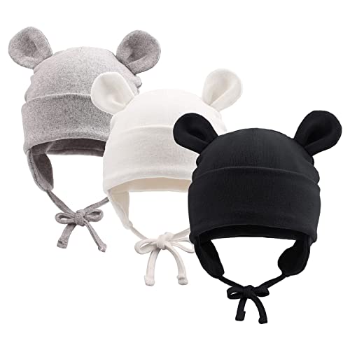 Pesaat Baumwolle Erstlingsmützen 0-12Monate Baby Mütze Neugeborene Mädchen Jungen Baby Beanie Newborn Mütze Mit Ohren und Band,Sommer,Frühling,Winter (Weiß+Grau+Schwarz, 0-6Monate) von Pesaat