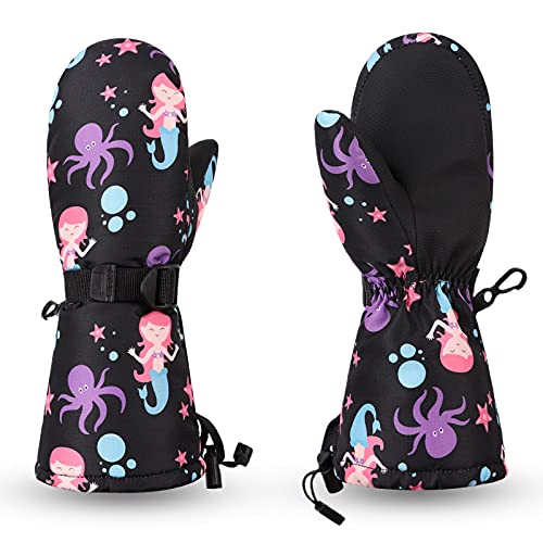 Pesaat Handschuhe Kinder Winter Jungen Wasserdicht Skihandschuhe Wärmende Fingerhandschuhe Mit Dinosaurier Fausthandschuhe (Meerjungfrau, 4-6 Jahren) von Pesaat
